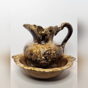 Vintage CALIF USA Pottery 444 Pitcher & Wash Basin Bowl Set Drip Glaze Farmhouse